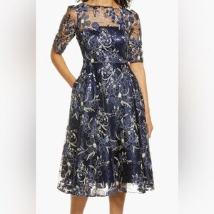 Short sleeve illusion embroidered and sequined event midi dress by Eliza J